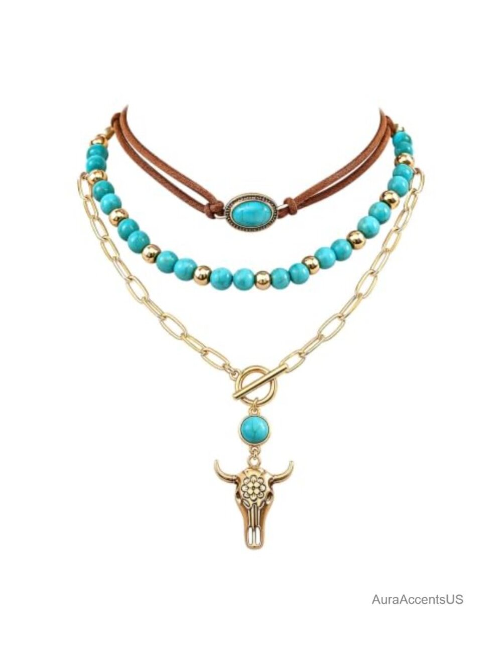 Western Layered Choker Necklace Set Turquoise Skull Pendant Boho
